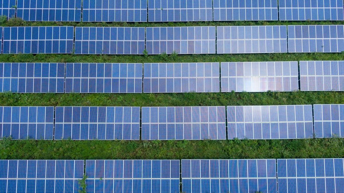Aerial view of rooftop solar installation